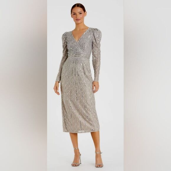 Mac Duggal 93676 Mac Gray Beaded Lace Long Sleeve Midi Dress NWT size 18 Taupe - Picture 1 of 7